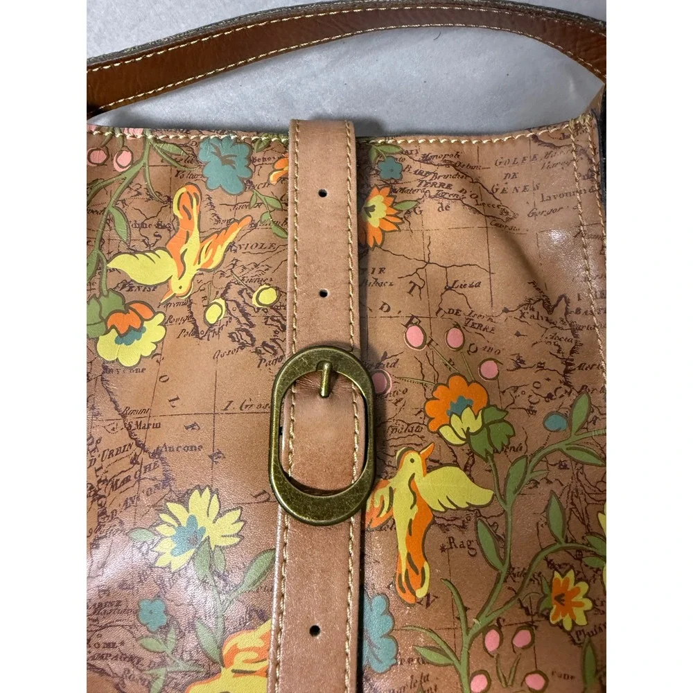 Patricia Nash Leather Crossbody Bag Map Print Floral Bird Tan Tan Brown Square